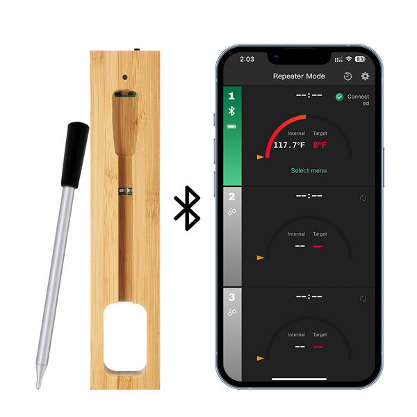 Cooking and frying thermometer - WIFI with frying APP - Repeater ensures long distance to the mobile - Oven, grill or pan.