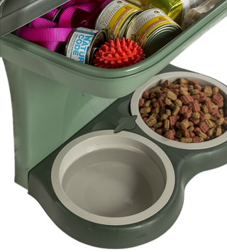 Feed and water bowls - Practical stand for standing or hanging - Storage space