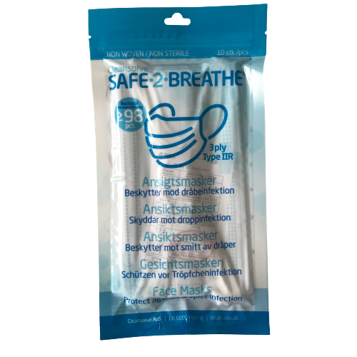 Safe2Breathe - Ustniki - Maski na twarz - 3 warstwy typu IIR - Znak CE - Opakowanie 10 sztuk
