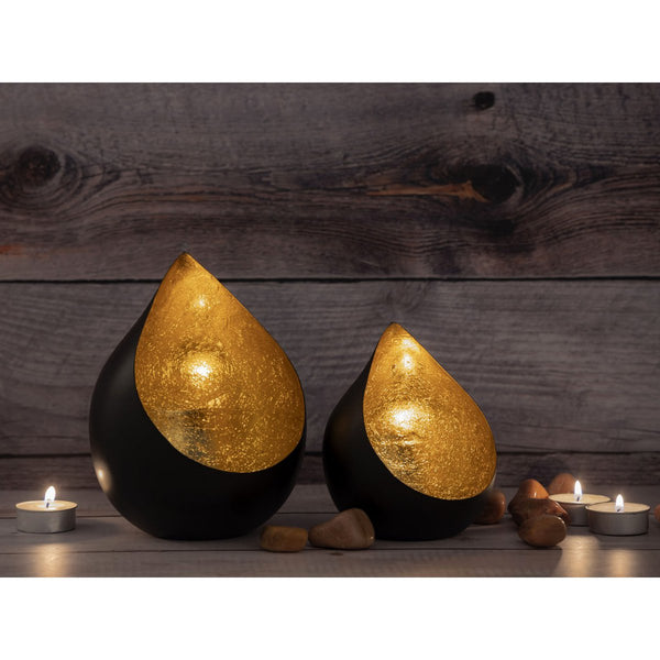 Zestaw świeczników z 2 świecznikami na podgrzewacze Romy. Czarne, matowe i złocone wewnątrz w kształcie kropli
